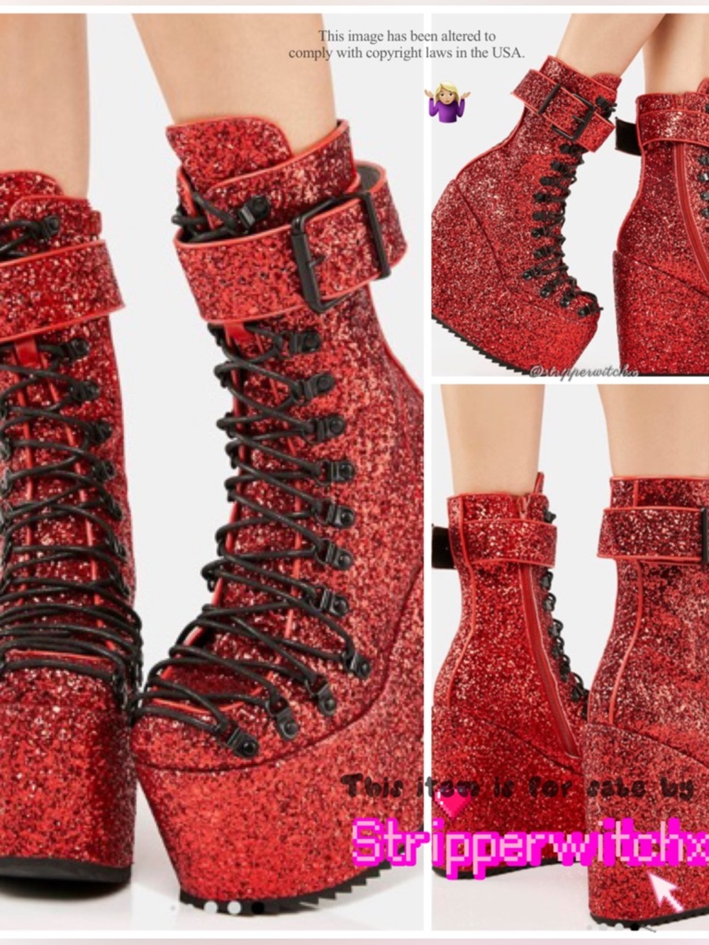 Trick N’ Treatz x Dollskill : Red Glitter traitor platform boots 6
